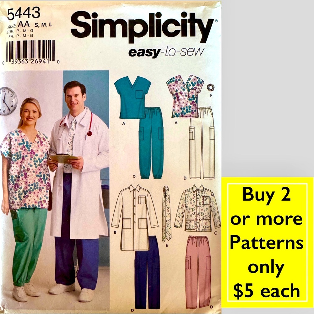 Simplicity 5443 Scrubs, Jacket Sewing Pattern Uncut (S,M,L)